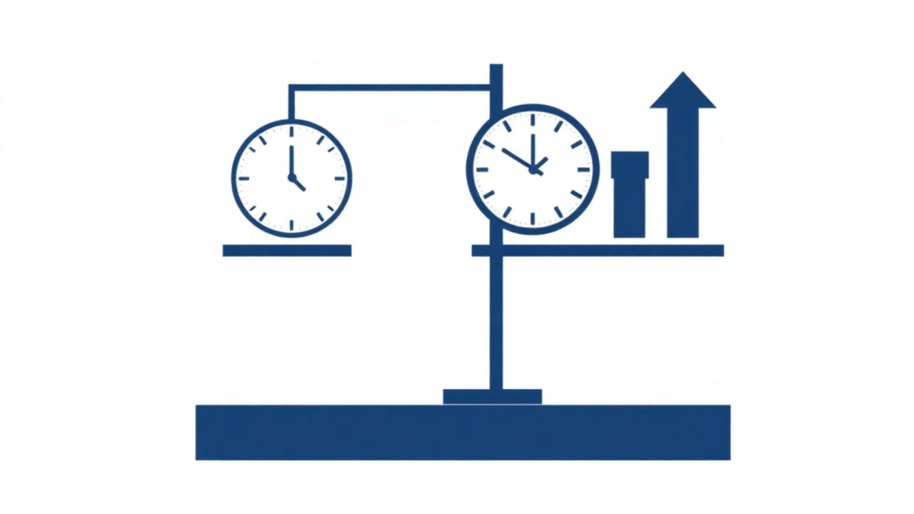 Illustration: Waage mit Uhr und Balkendiagramm als Sinnbild für Plus- und Minusstunden auf dem Arbeitszeitkonto