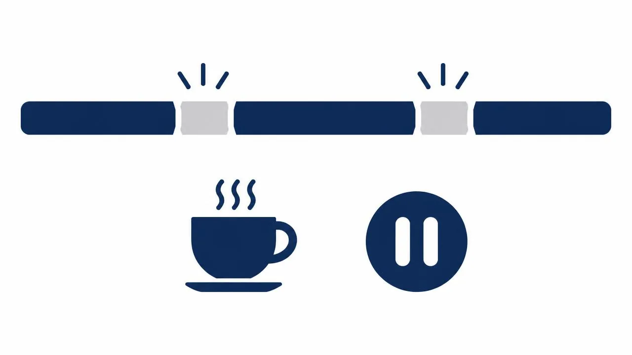 Illustration: Zeitstrahl eines Arbeitstags mit zwei hervorgehobenen Pausenabschnitten, Kaffeetasse und Pause-Symbol