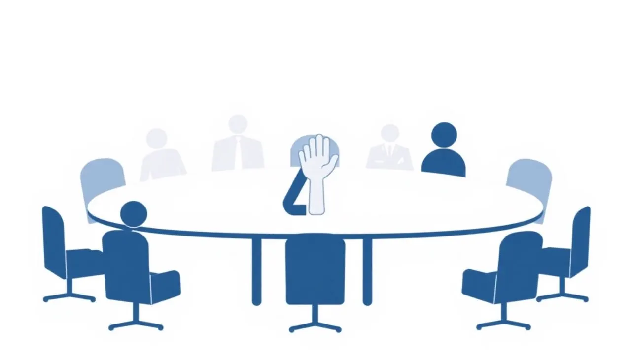 Illustration: Personen an einem runden Tisch mit erhobener Hand als Symbol für die Mitbestimmung des Betriebsrats