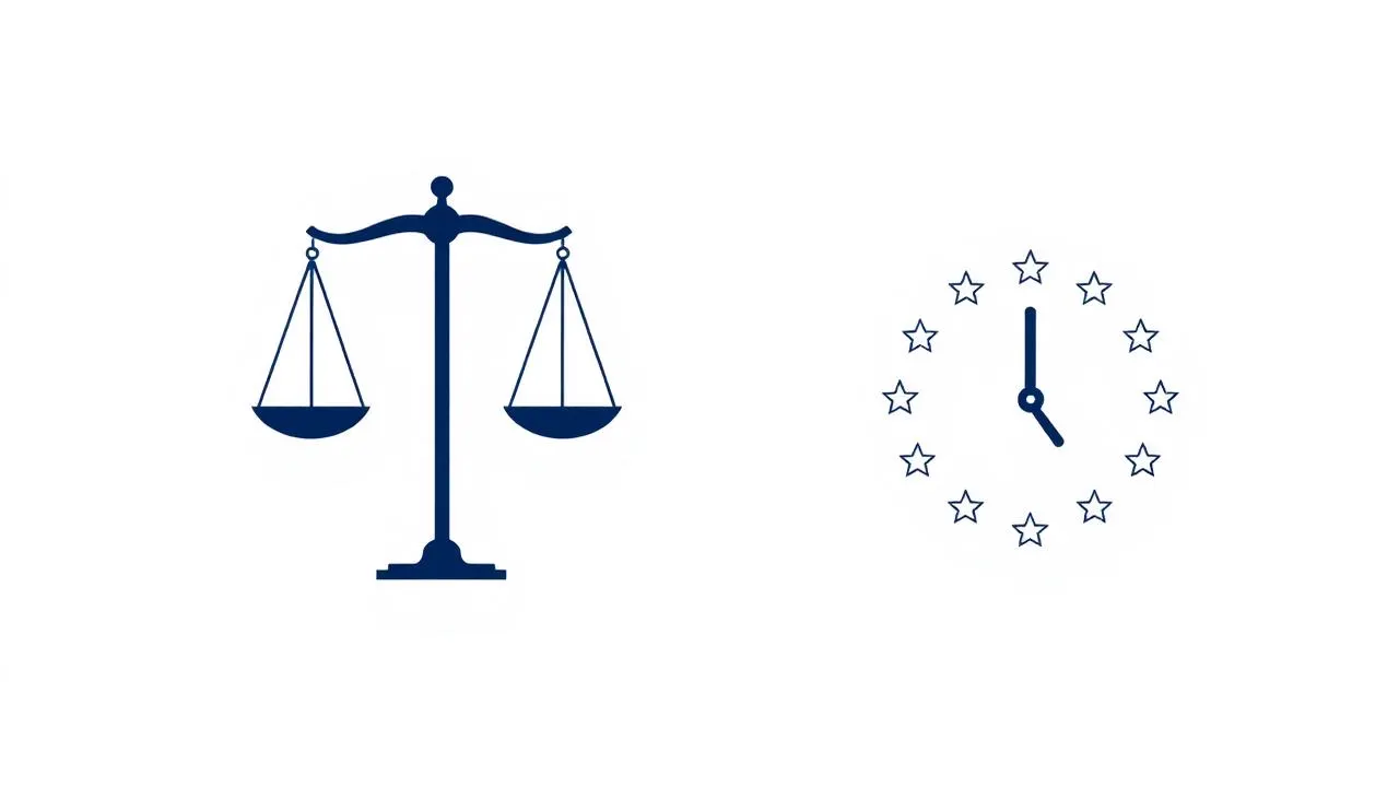 Illustration: Waage der Justiz neben einer Uhr, umgeben von einem Sternenkreis, als Symbol für ein EuGH-Urteil zur Arbeitszeiterfassung