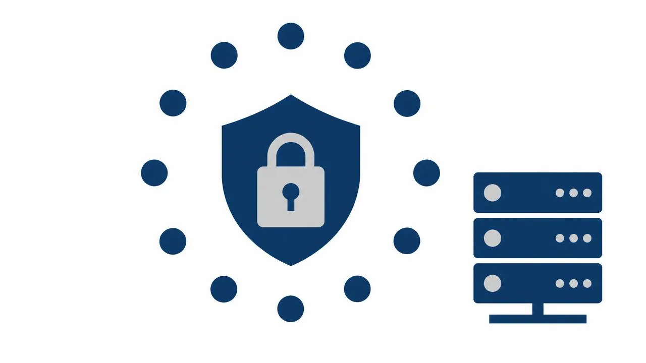 Illustration: Schutzschild mit Schloss, Punktekreis und Serverschrank als Sinnbild für DSGVO-konforme Datenhaltung