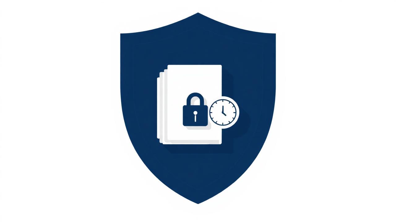 Illustration: Dokumentenstapel mit Schloss und Uhr in einem Schutzschild als Symbol für revisionssichere Archivierung