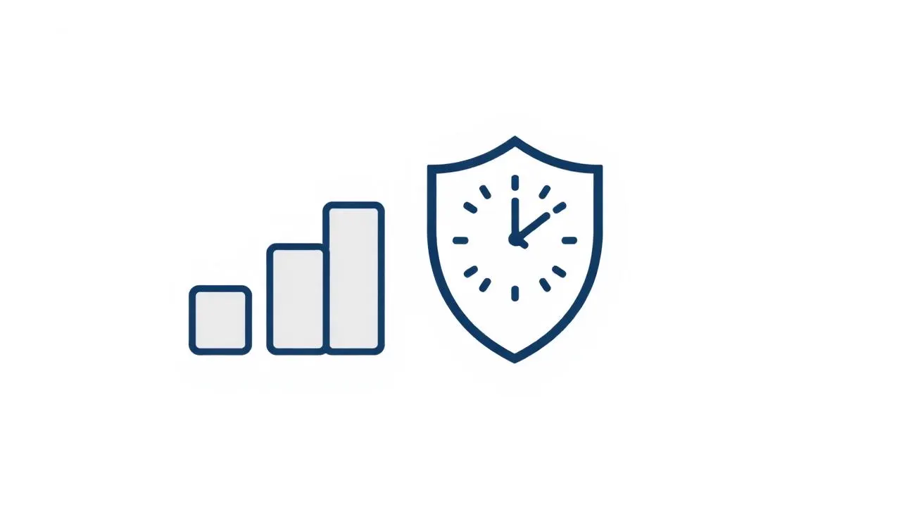 Illustration: absteigende Balken neben einem Schild mit Uhr als Symbol für reduzierte Arbeitszeit bei Kurzarbeit