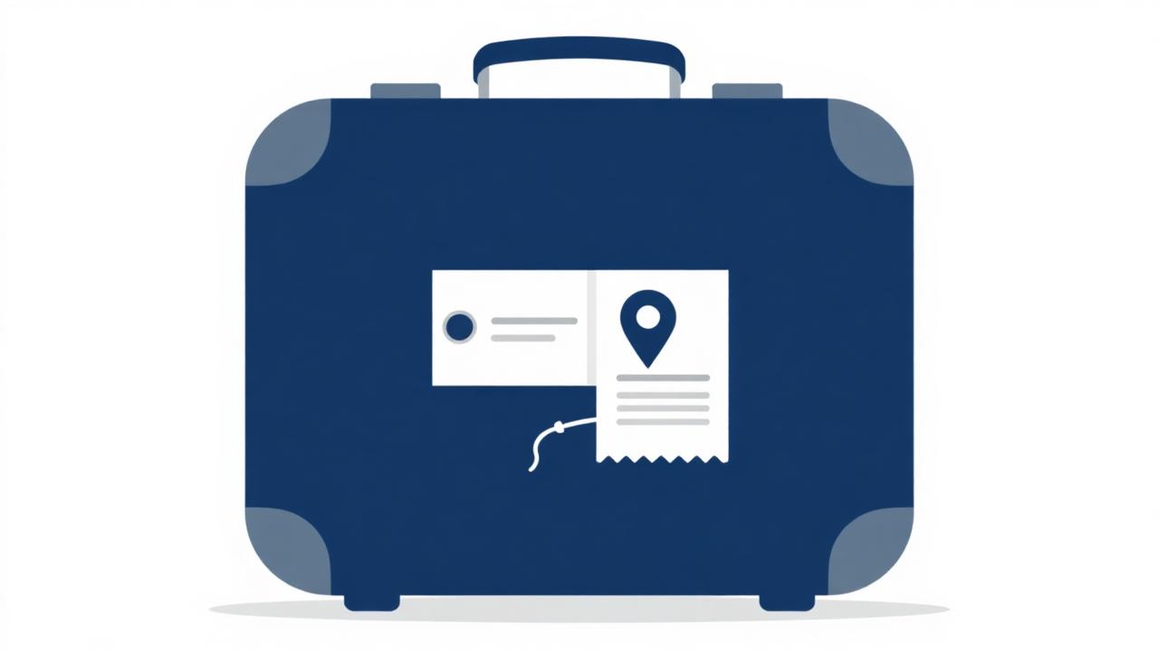 Illustration: Reisekoffer mit Beleg und Standort-Symbol als Sinnbild für Reisekostenabrechnung