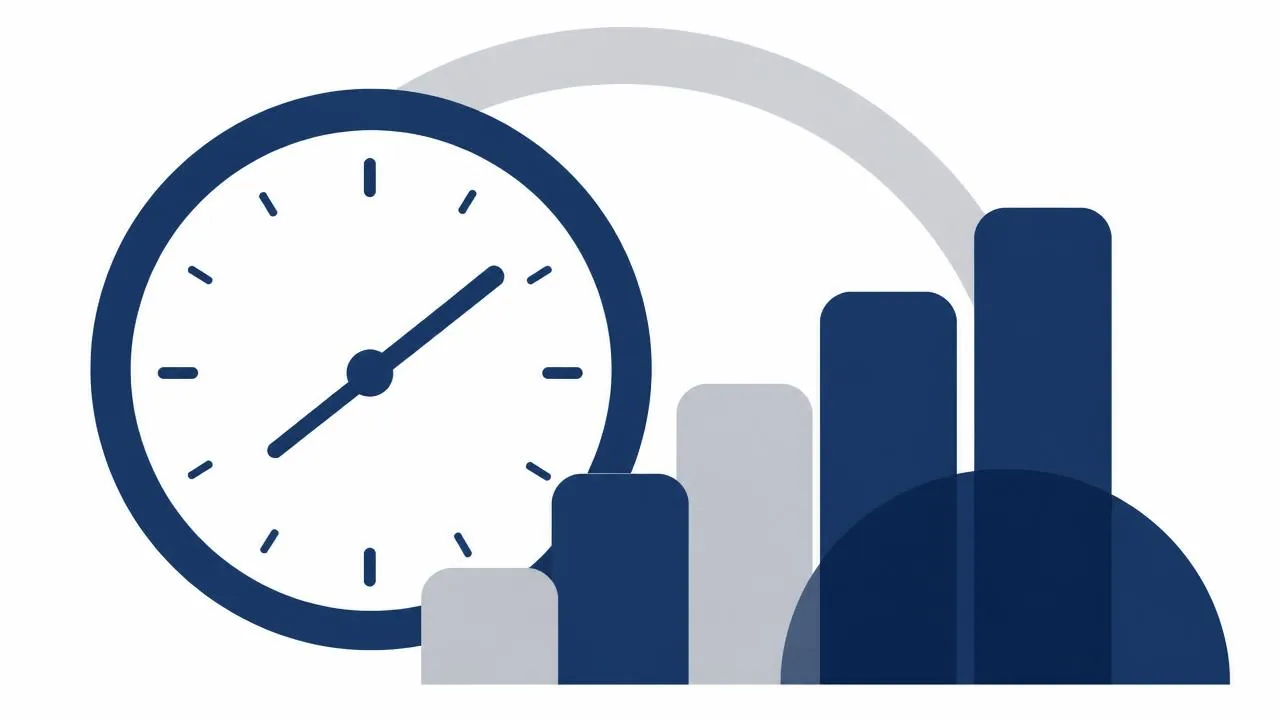 Illustration: Uhr und Balkendiagramm als Sinnbild für digital erfasste Arbeitszeiten und Auswertungen